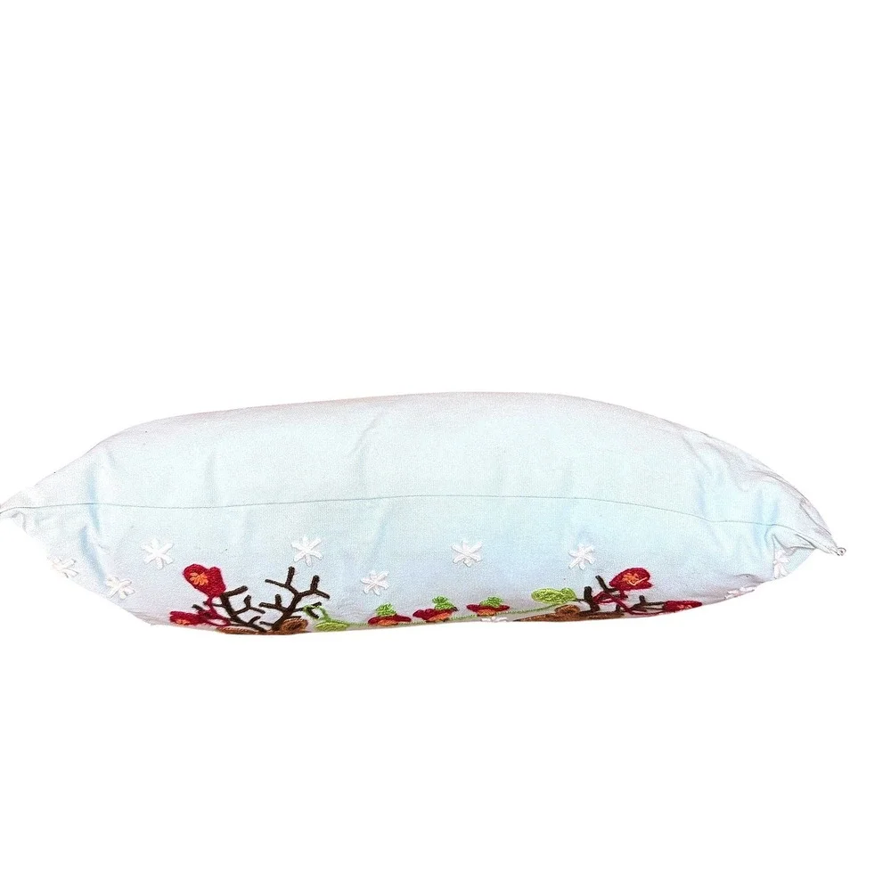 Pier 1 Embroidered Reindeer Birds Christmas Decorative Pillow Light Blue Festive